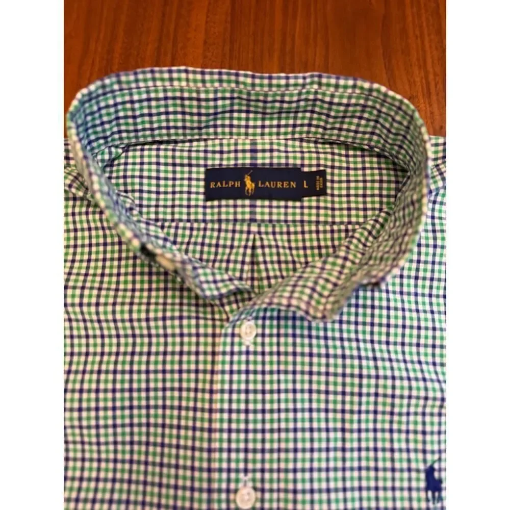 Polo Ralph Lauren Men's Green and Blue Plaid Button Down Shirt - Size Large